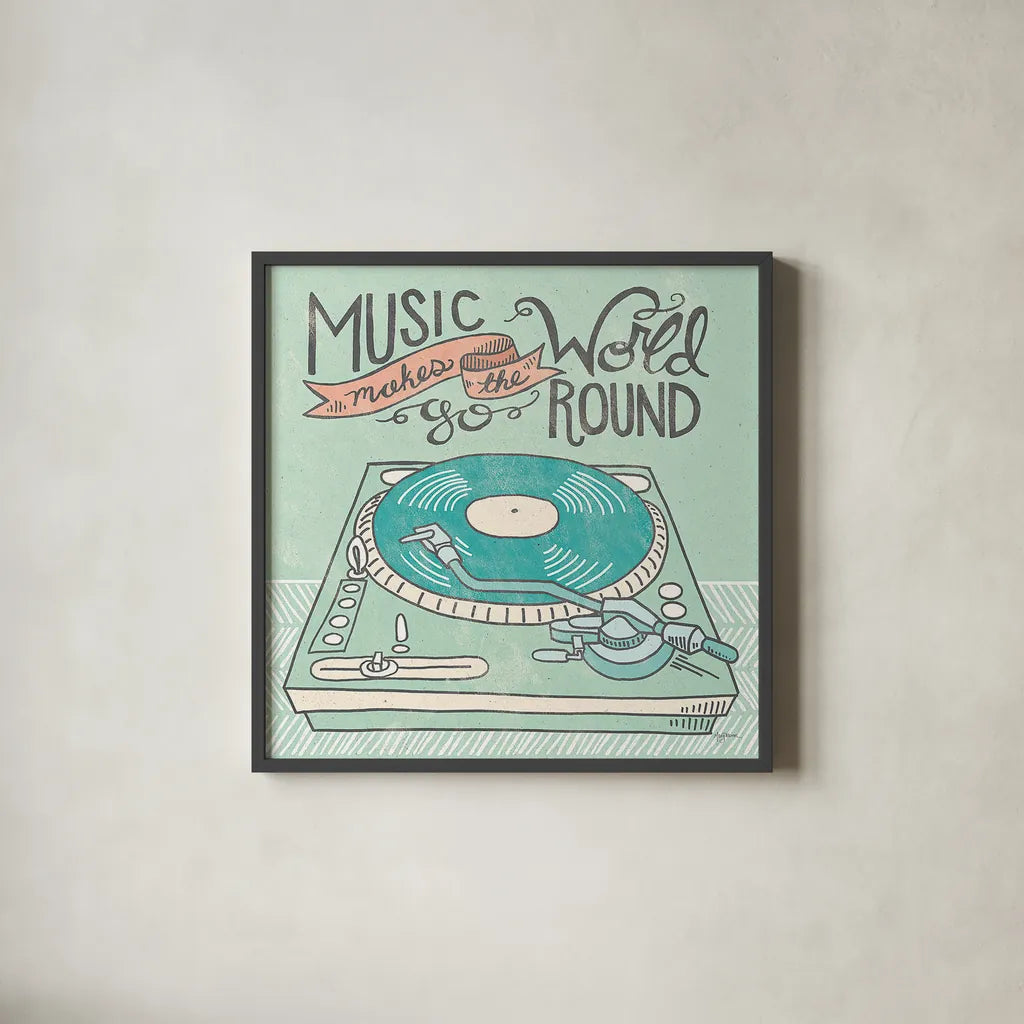 Retro Record Player Gray by Mary Urban. Shown in a sleek black glass frame for a contemporary gallery look. Available as an archival giclee rolled canvas, fine art paper, or poster print. SKU 20851a.