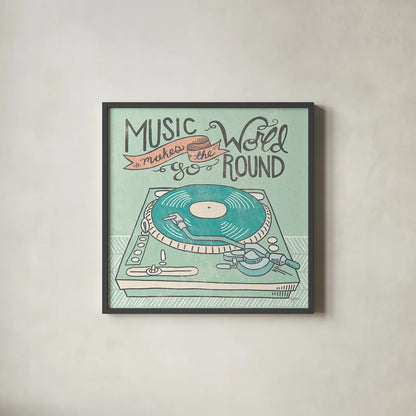 Retro Record Player Gray by Mary Urban. Shown in a sleek black glass frame for a contemporary gallery look. Available as an archival giclee rolled canvas, fine art paper, or poster print. SKU 20851a.