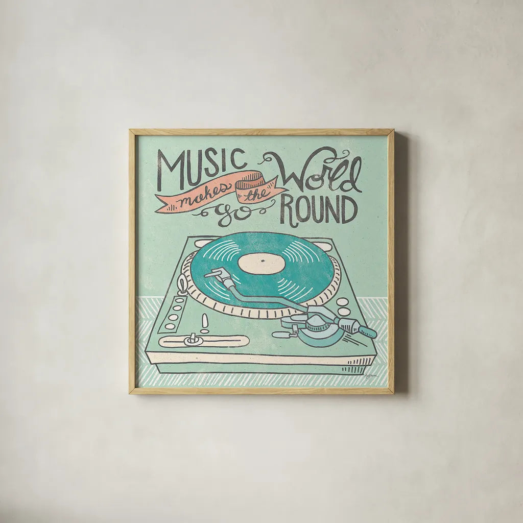 Retro Record Player Gray by Mary Urban. Shown in a natural wood glass frame for a timeless modern aesthetic. Available as an archival giclee rolled canvas, fine art paper, or poster print. SKU 20851a.