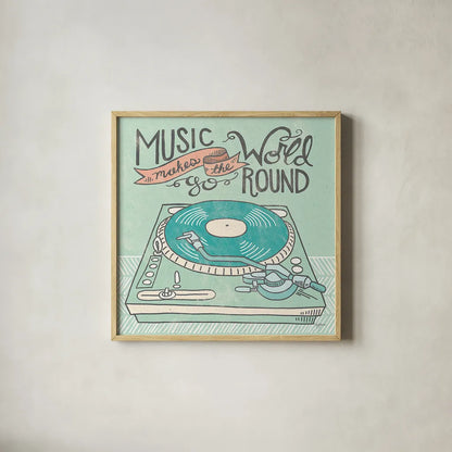 Retro Record Player Gray by Mary Urban. Shown in a natural wood glass frame for a timeless modern aesthetic. Available as an archival giclee rolled canvas, fine art paper, or poster print. SKU 20851a.