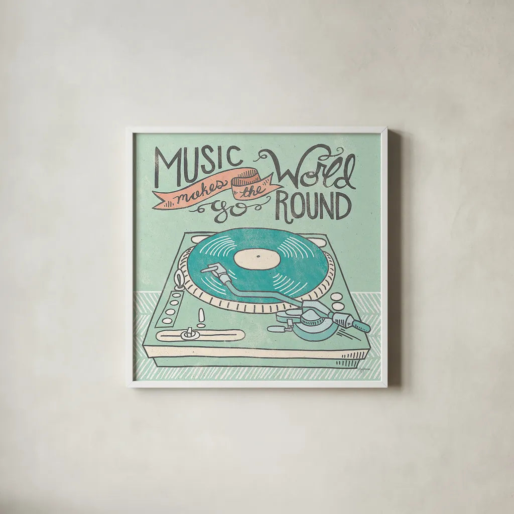 Retro Record Player Gray by Mary Urban. Shown in a crisp white glass frame for a clean and minimalist style. Available as an archival giclee rolled canvas, fine art paper, or poster print. SKU 20851a.