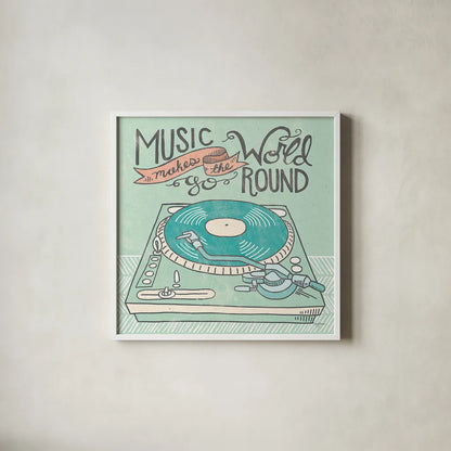 Retro Record Player Gray by Mary Urban. Shown in a crisp white glass frame for a clean and minimalist style. Available as an archival giclee rolled canvas, fine art paper, or poster print. SKU 20851a.