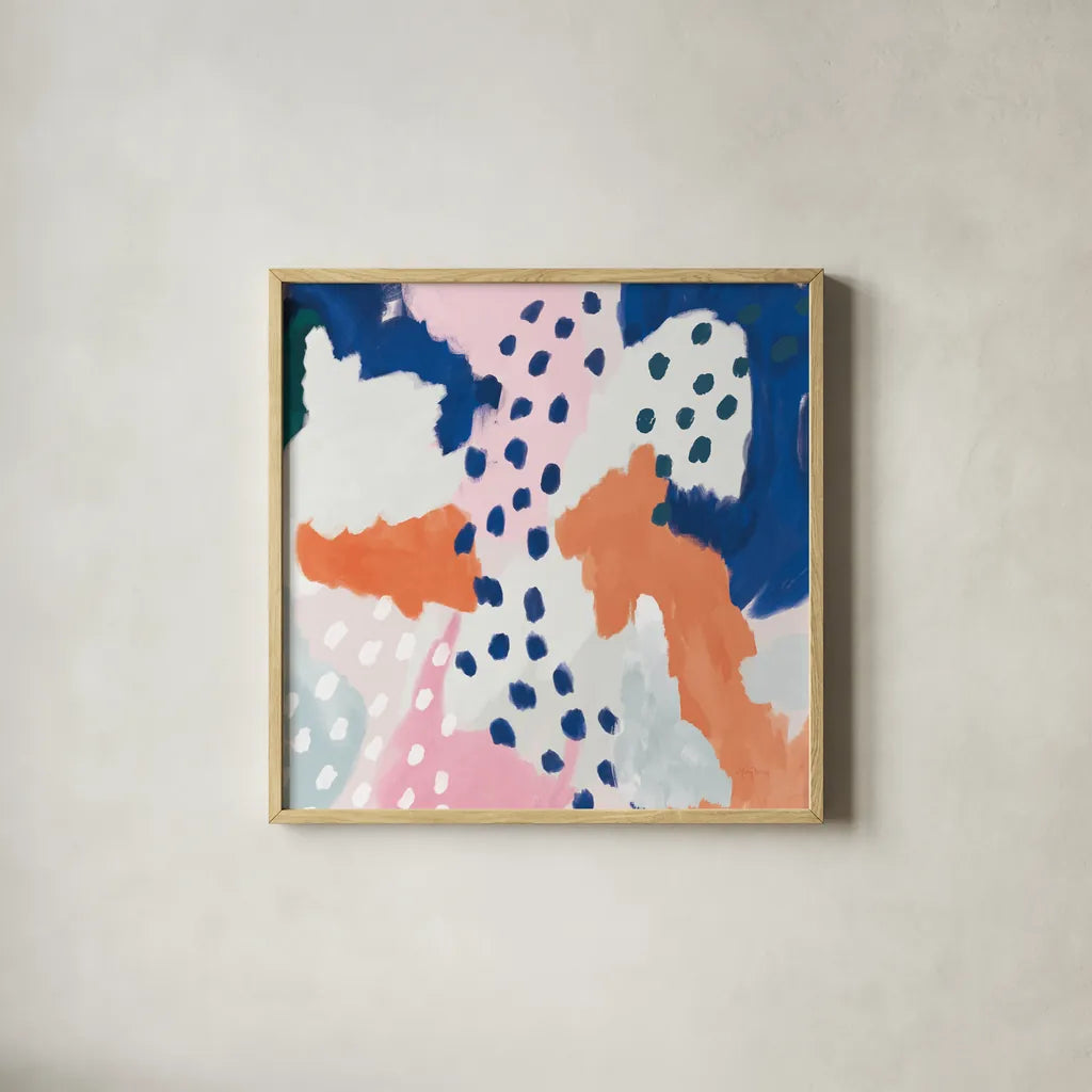 Royal Blue Life I Crop by Mary Urban. Shown in a natural wood glass frame for a timeless modern aesthetic. Available as an archival giclee rolled canvas, fine art paper, or poster print. SKU 53256a.