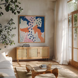 Royal Blue Life I Crop by Mary Urban. Shown in a natural wood frame in a cozy modern living room. Available as an archival giclee rolled canvas, fine art paper, or poster print. SKU 53256a.