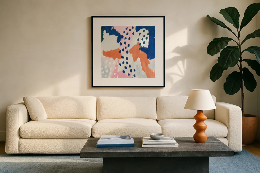 Royal Blue Life I Crop by Mary Urban. Displayed in a glass frame with matte in a clean modern living room. Available as an archival giclee rolled canvas, fine art paper, or poster print. SKU 53256a.