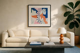 Royal Blue Life I Crop by Mary Urban. Displayed in a glass frame with matte in a clean modern living room. Available as an archival giclee rolled canvas, fine art paper, or poster print. SKU 53256a.