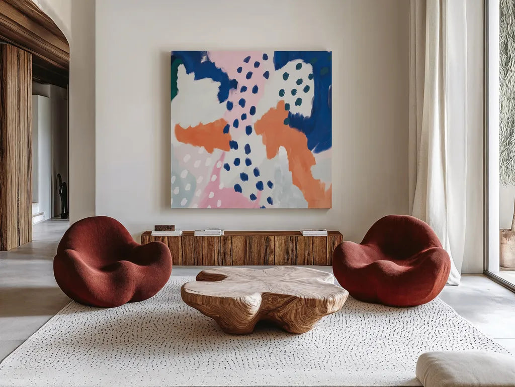Royal Blue Life I Crop by Mary Urban. Shown as extra-large giant wall art in a modern living room. Available as an archival giclee rolled canvas, fine art paper, or poster print. SKU 53256a.