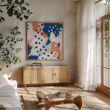 Royal Blue Life II Crop by Mary Urban. Shown in a natural wood frame in a cozy modern living room. Available as an archival giclee rolled canvas, fine art paper, or poster print. SKU 53257a.