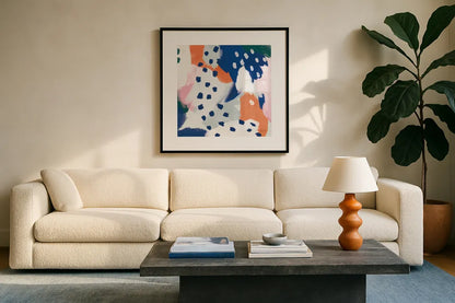 Royal Blue Life II Crop by Mary Urban. Displayed in a glass frame with matte in a clean modern living room. Available as an archival giclee rolled canvas, fine art paper, or poster print. SKU 53257a.