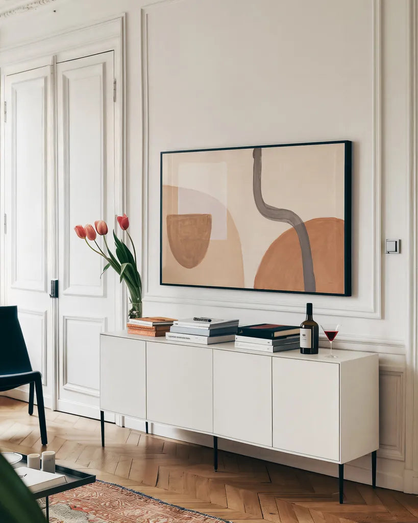 Sandy Balance I by Mary Urban. shown as a framed stretched canvas in a living room above a console. Available as a archival giclee rolled canvas, fine art paper, or poster print. SKU 59880i.
