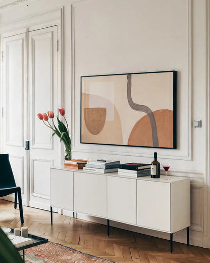 Sandy Balance I by Mary Urban. shown as a framed stretched canvas in a living room above a console. Available as a archival giclee rolled canvas, fine art paper, or poster print. SKU 59880i.