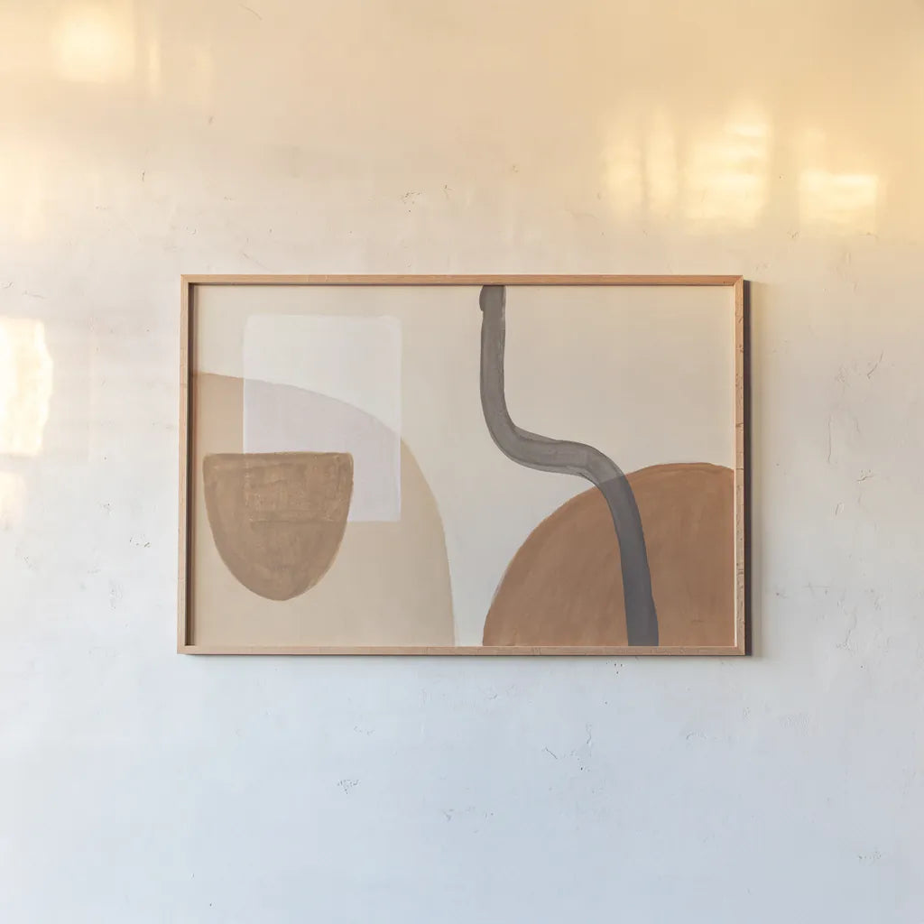 Sandy Balance I by Mary Urban. shown as a paper print in a natural frame. Available as a archival giclee rolled canvas, fine art paper, or poster print. SKU 59880i.