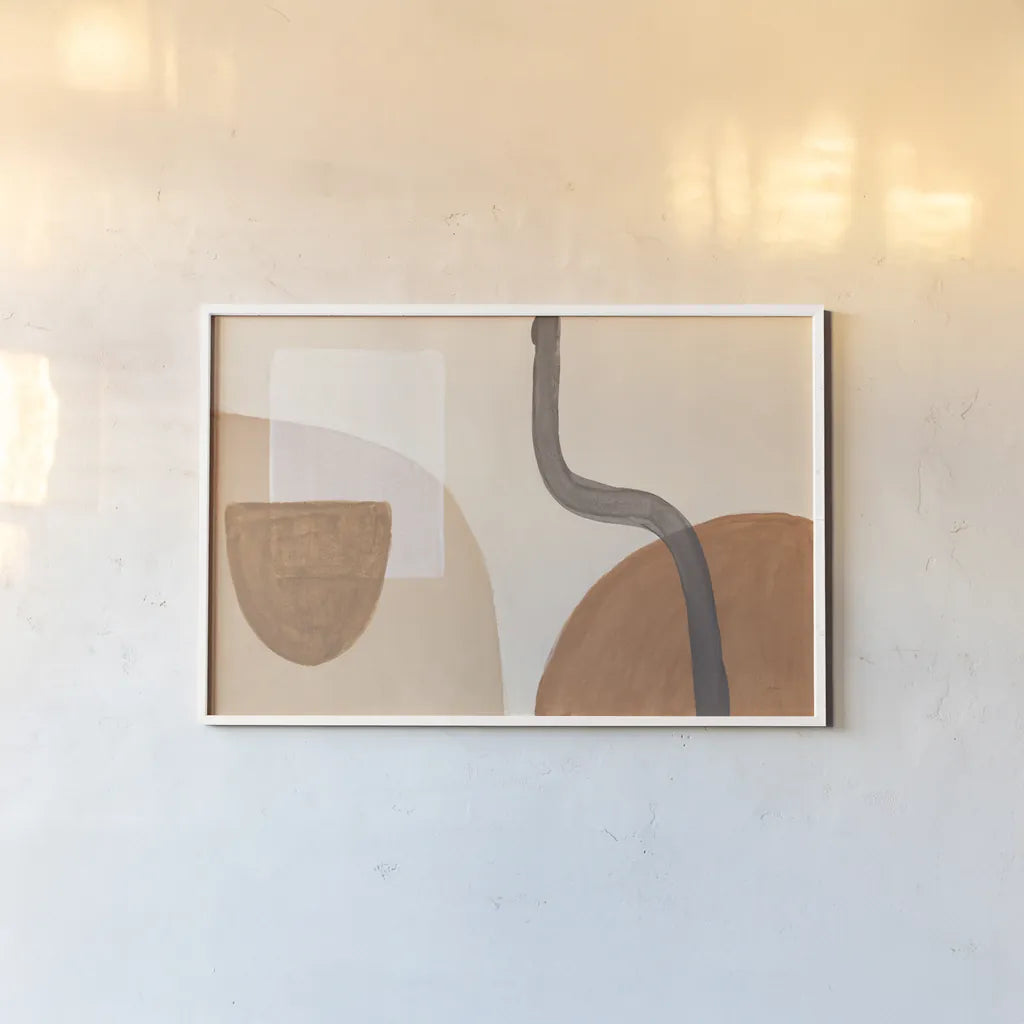 Sandy Balance I by Mary Urban. shown as a paper print in a white frame. Available as a archival giclee rolled canvas, fine art paper, or poster print. SKU 59880i.