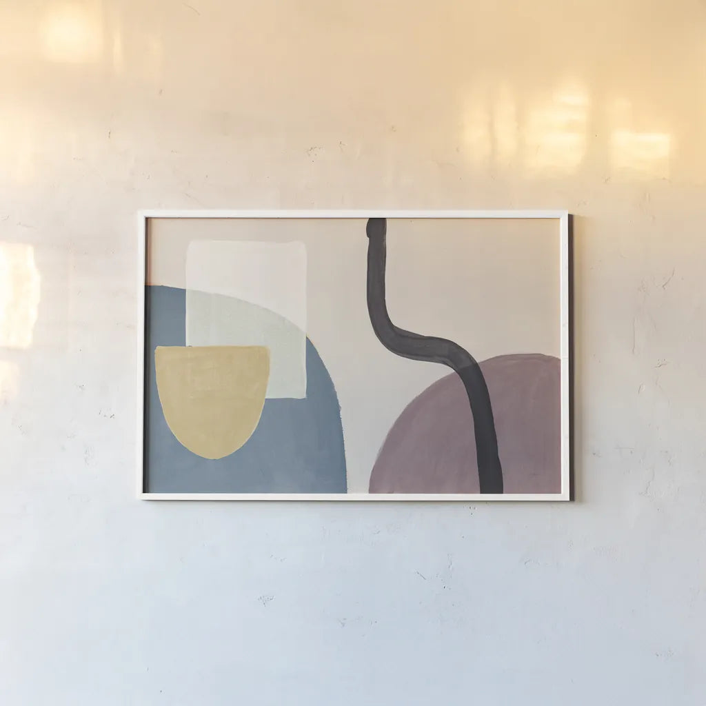 Sandy Balance I Dark by Mary Urban. shown as a paper print in a white frame. Available as a archival giclee rolled canvas, fine art paper, or poster print. SKU 66730i.