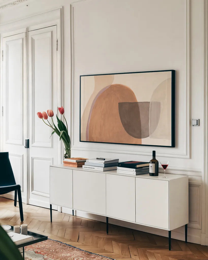 Sandy Balance II by Mary Urban. shown as a framed stretched canvas in a living room above a console. Available as a archival giclee rolled canvas, fine art paper, or poster print. SKU 59881i.