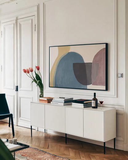 Sandy Balance II Dark by Mary Urban. shown as a framed stretched canvas in a living room above a console. Available as a archival giclee rolled canvas, fine art paper, or poster print. SKU 66731i.