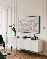 Seaside Petals I by Mary Urban. shown as a framed stretched canvas in a living room above a console. Available as a archival giclee rolled canvas, fine art paper, or poster print. SKU 66324i.