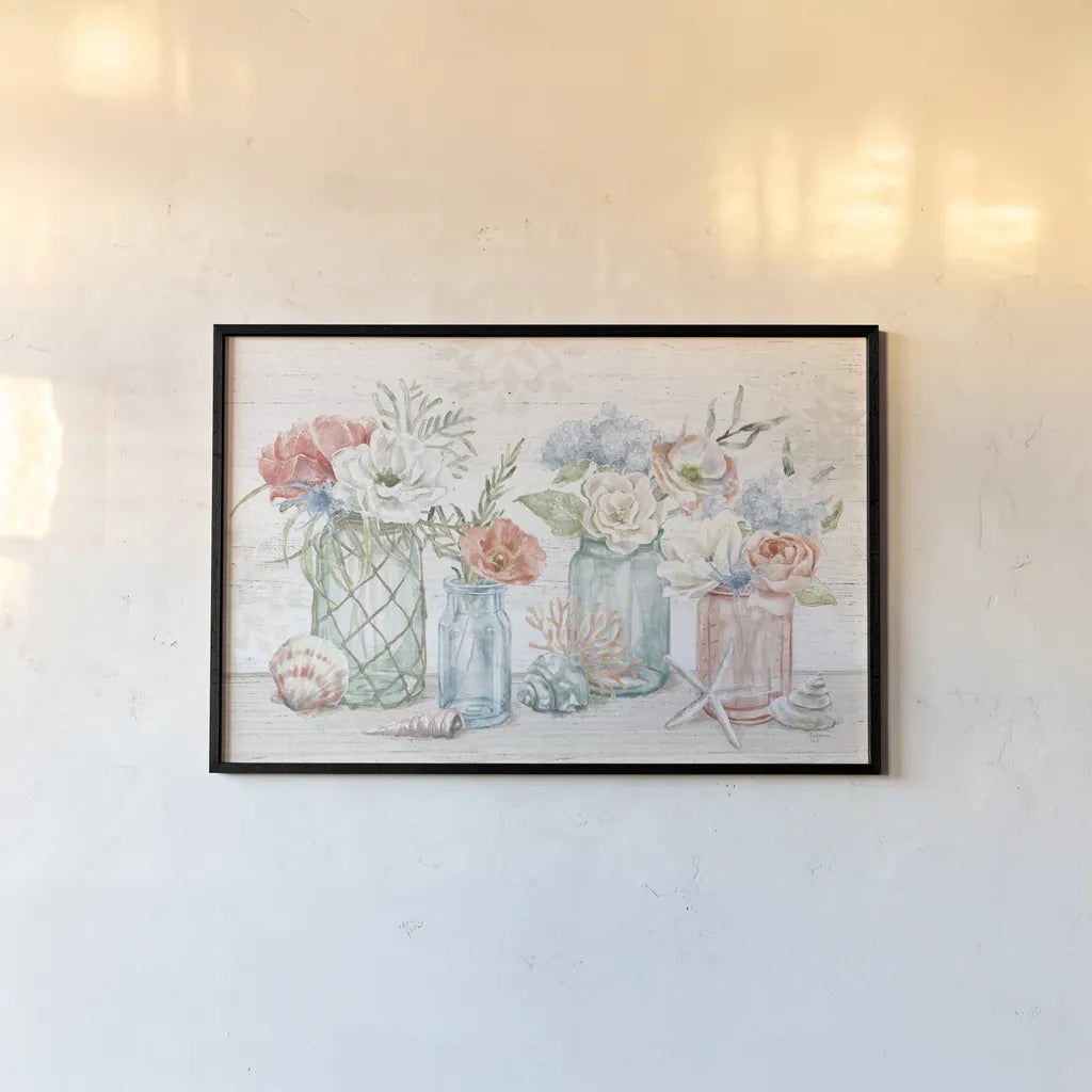 Seaside Petals I by Mary Urban. shown as a paper print in a black flame. Available as a archival giclee rolled canvas, fine art paper, or poster print. SKU 66324i.