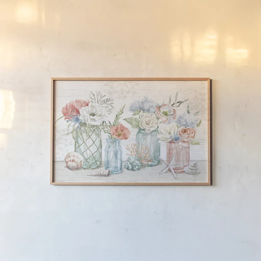 Seaside Petals I by Mary Urban. shown as a paper print in a natural frame. Available as a archival giclee rolled canvas, fine art paper, or poster print. SKU 66324i.