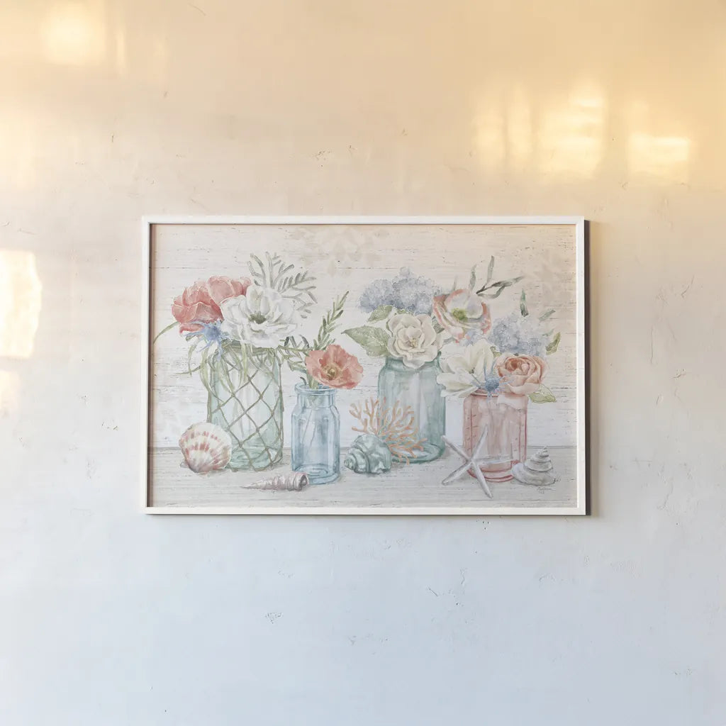 Seaside Petals I by Mary Urban. shown as a paper print in a white frame. Available as a archival giclee rolled canvas, fine art paper, or poster print. SKU 66324i.