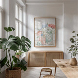 Seaside Petals III v2 by Mary Urban. shown as a print in a natural wood frame in a dining room. Available as a archival giclee rolled canvas, fine art paper, or poster print. SKU 67382h.