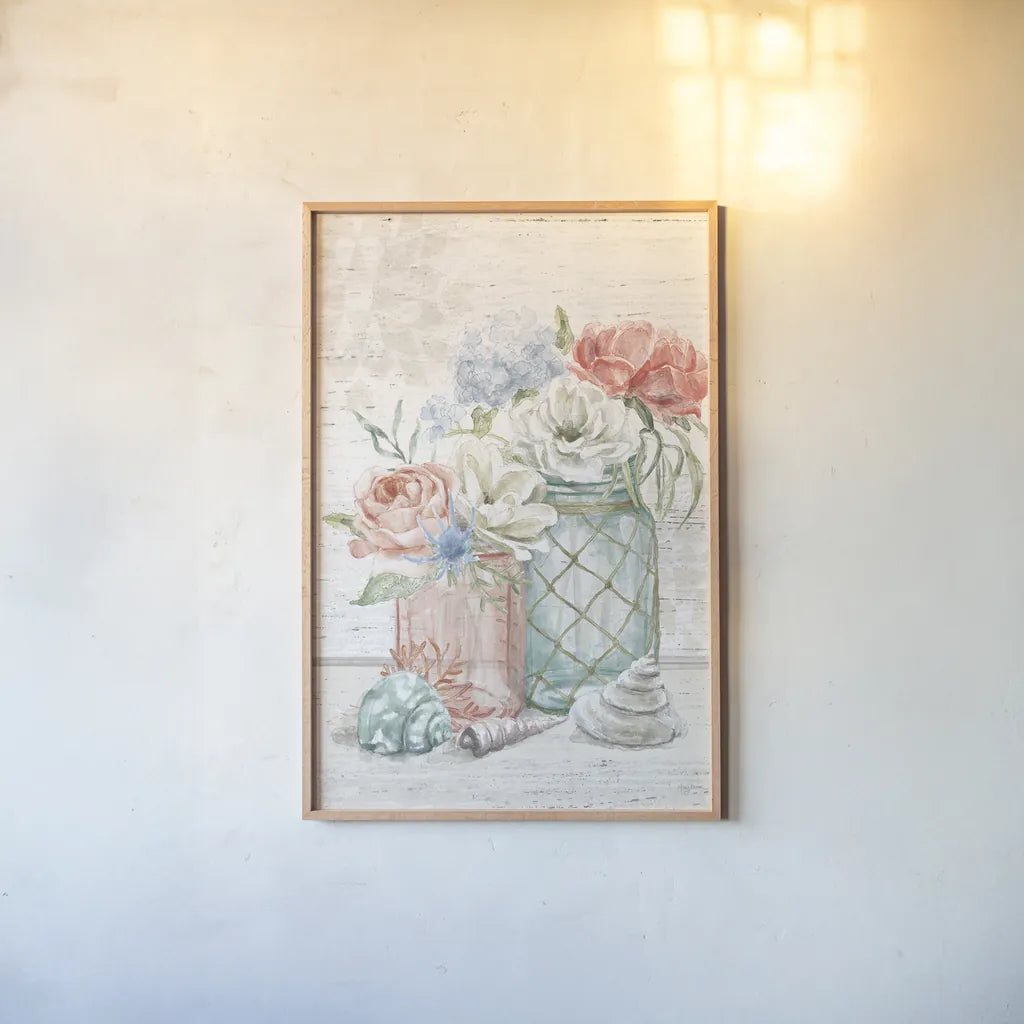 Seaside Petals III v2 by Mary Urban. shown as a paper print in a natural frame. Available as a archival giclee rolled canvas, fine art paper, or poster print. SKU 67382h.