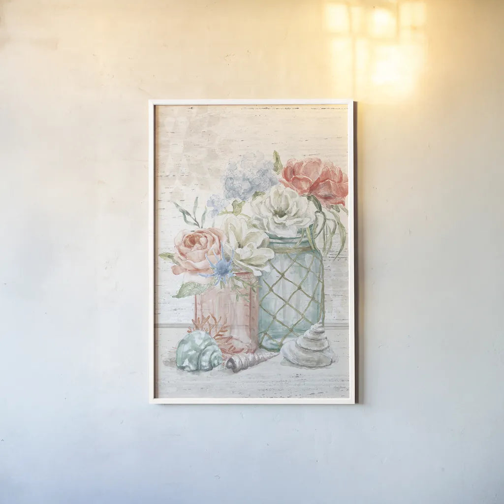 Seaside Petals III v2 by Mary Urban. shown as a paper print in a white frame. Available as a archival giclee rolled canvas, fine art paper, or poster print. SKU 67382h.