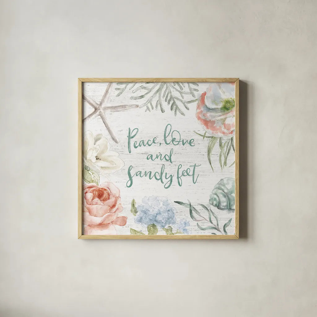 Seaside Petals IV by Mary Urban. Shown in a natural wood glass frame for a timeless modern aesthetic. Available as an archival giclee rolled canvas, fine art paper, or poster print. SKU 66327a.