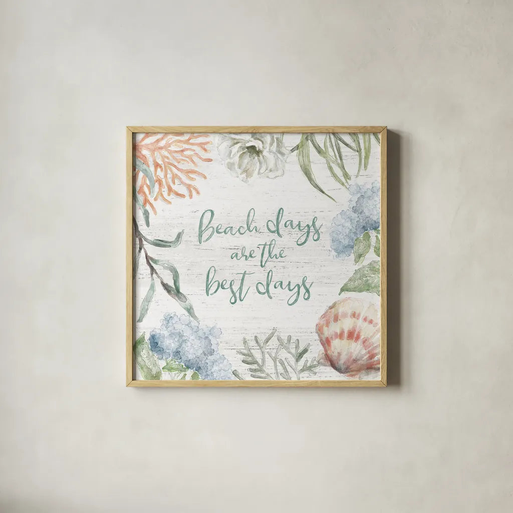 Seaside Petals V by Mary Urban. Shown in a natural wood glass frame for a timeless modern aesthetic. Available as an archival giclee rolled canvas, fine art paper, or poster print. SKU 66328a.