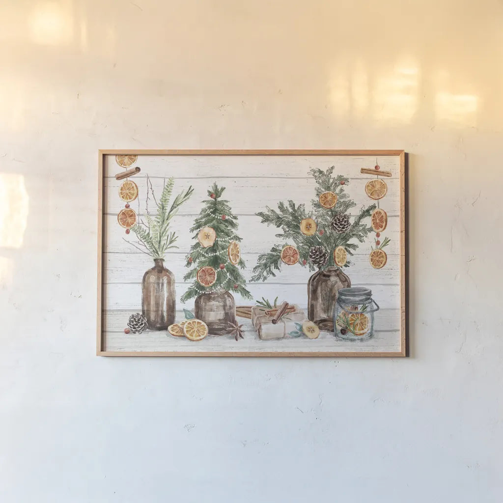 Seasonal Market I by Mary Urban. shown as a paper print in a natural frame. Available as a archival giclee rolled canvas, fine art paper, or poster print. SKU 67468i.