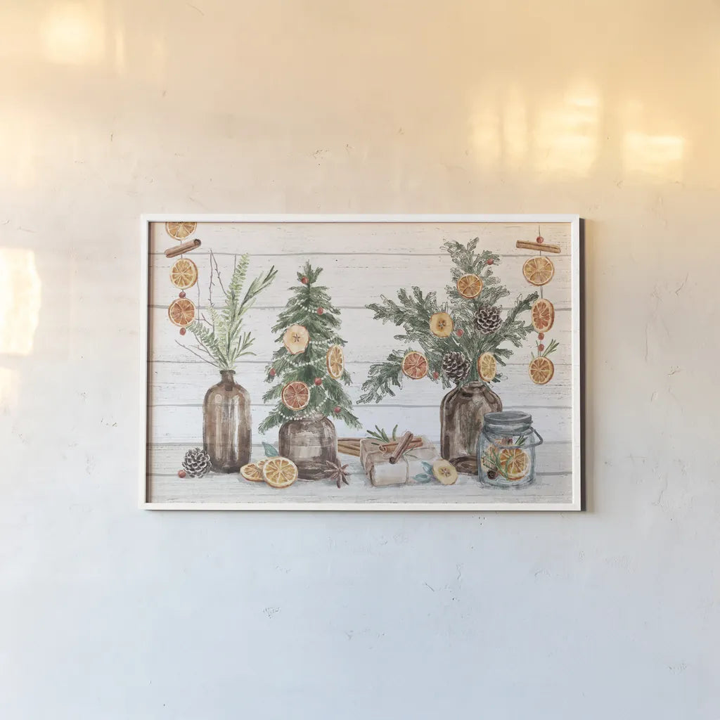 Seasonal Market I by Mary Urban. shown as a paper print in a white frame. Available as a archival giclee rolled canvas, fine art paper, or poster print. SKU 67468i.