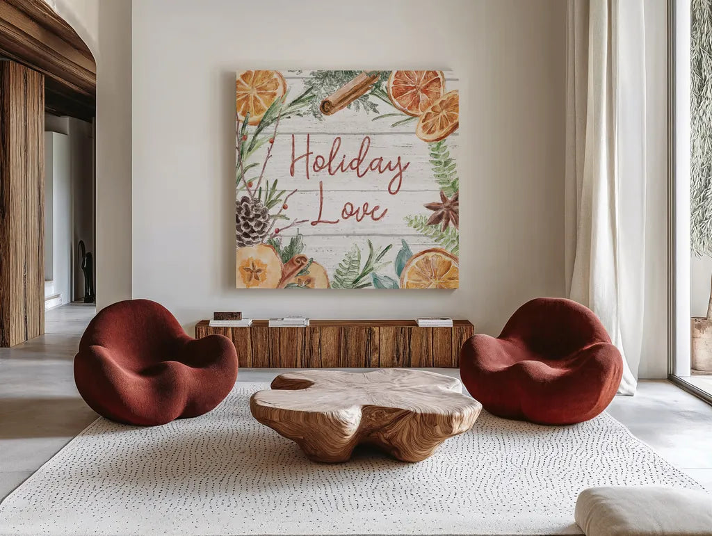 Seasonal Market IV by Mary Urban. Shown as extra-large giant wall art in a modern living room. Available as an archival giclee rolled canvas, fine art paper, or poster print. SKU 67471a.