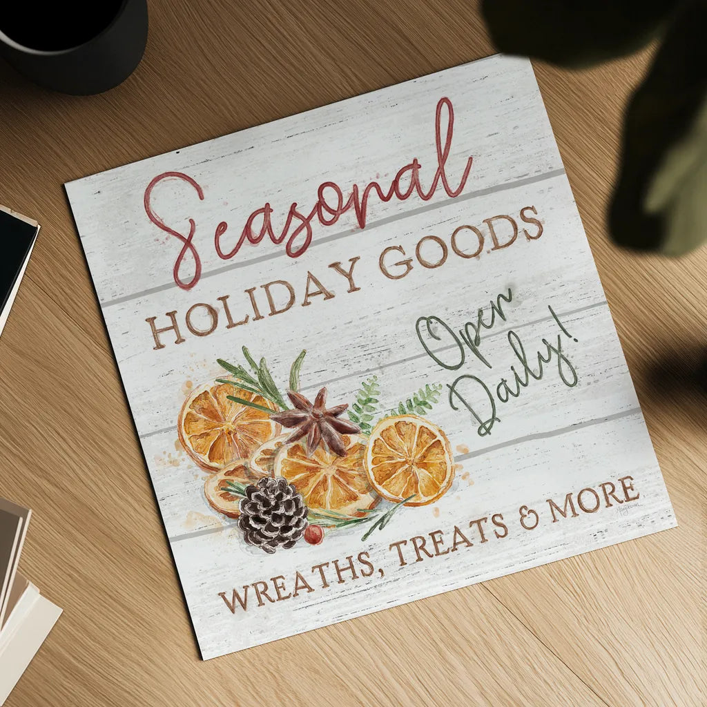 Seasonal Market VI by Mary Urban. Shown as a detailed flat fine art print, highlighting archival giclee quality. Available as an archival giclee rolled canvas, fine art paper, or poster print. SKU 67473a.