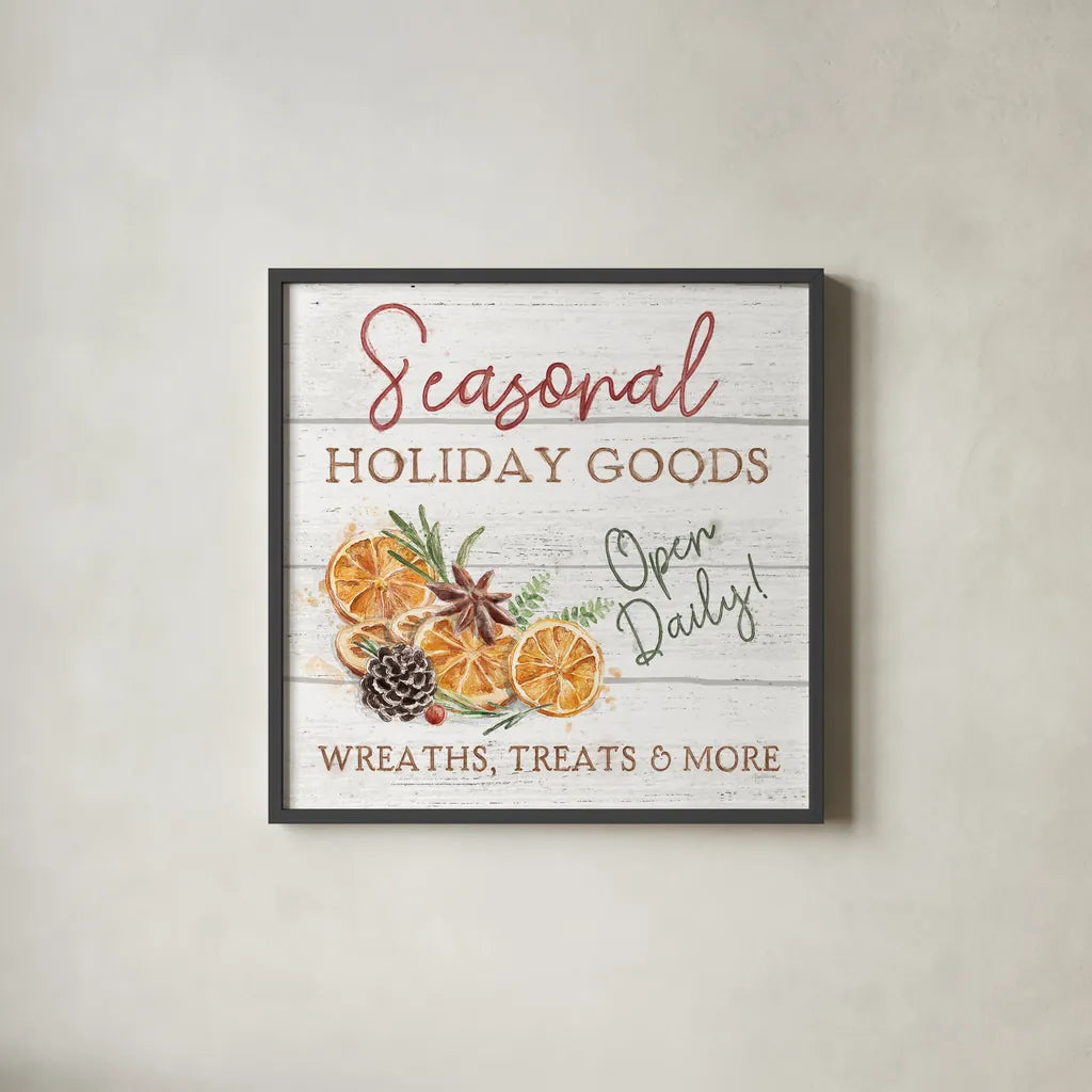 Seasonal Market VI by Mary Urban. Shown in a sleek black glass frame for a contemporary gallery look. Available as an archival giclee rolled canvas, fine art paper, or poster print. SKU 67473a.