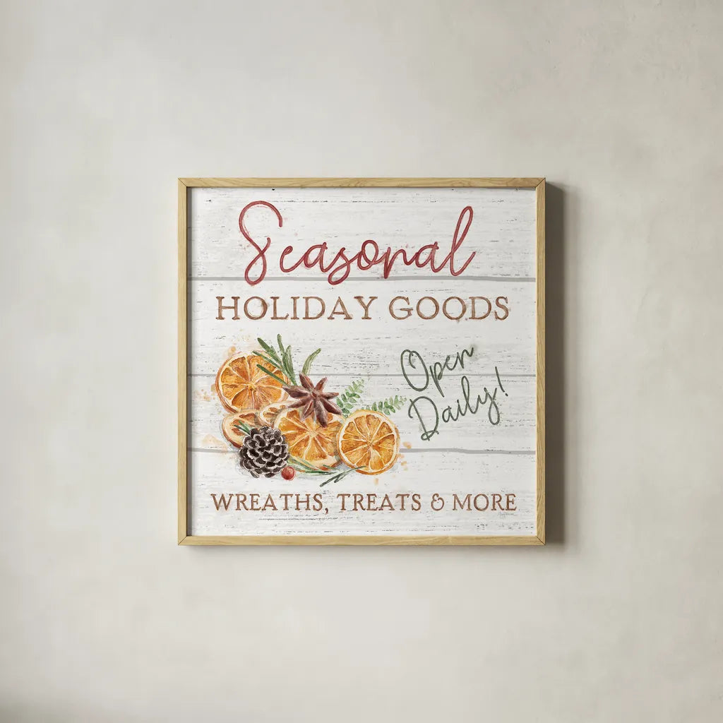 Seasonal Market VI by Mary Urban. Shown in a natural wood glass frame for a timeless modern aesthetic. Available as an archival giclee rolled canvas, fine art paper, or poster print. SKU 67473a.