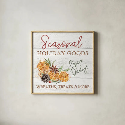 Seasonal Market VI by Mary Urban. Shown in a natural wood glass frame for a timeless modern aesthetic. Available as an archival giclee rolled canvas, fine art paper, or poster print. SKU 67473a.