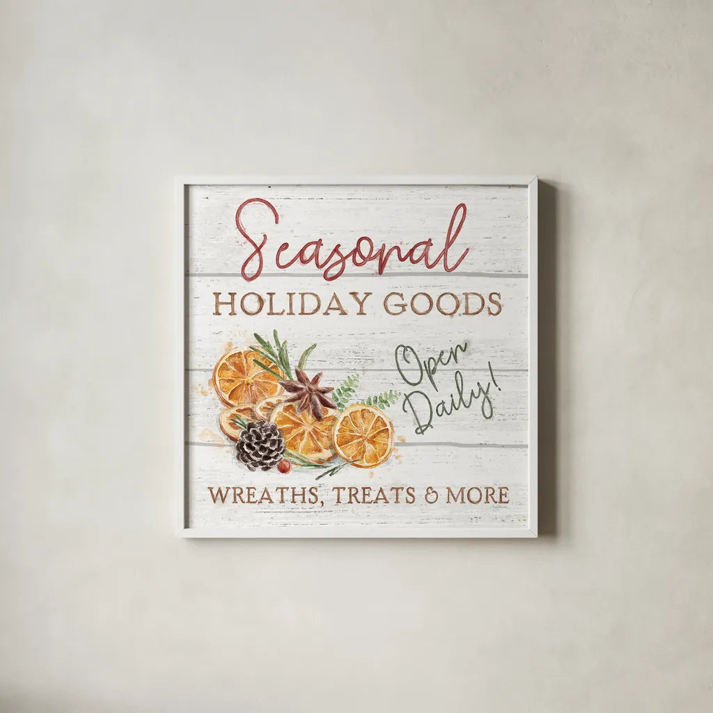 Seasonal Market VI by Mary Urban. Shown in a crisp white glass frame for a clean and minimalist style. Available as an archival giclee rolled canvas, fine art paper, or poster print. SKU 67473a.