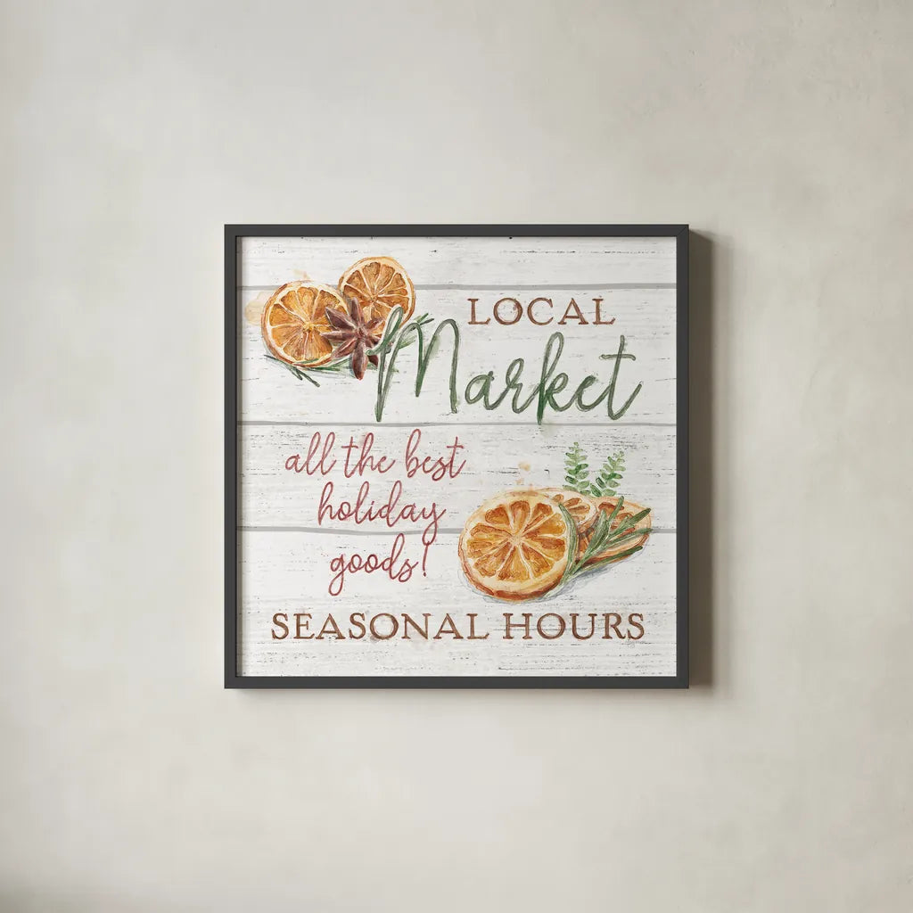 Seasonal Market VII by Mary Urban. Shown in a sleek black glass frame for a contemporary gallery look. Available as an archival giclee rolled canvas, fine art paper, or poster print. SKU 67474a.