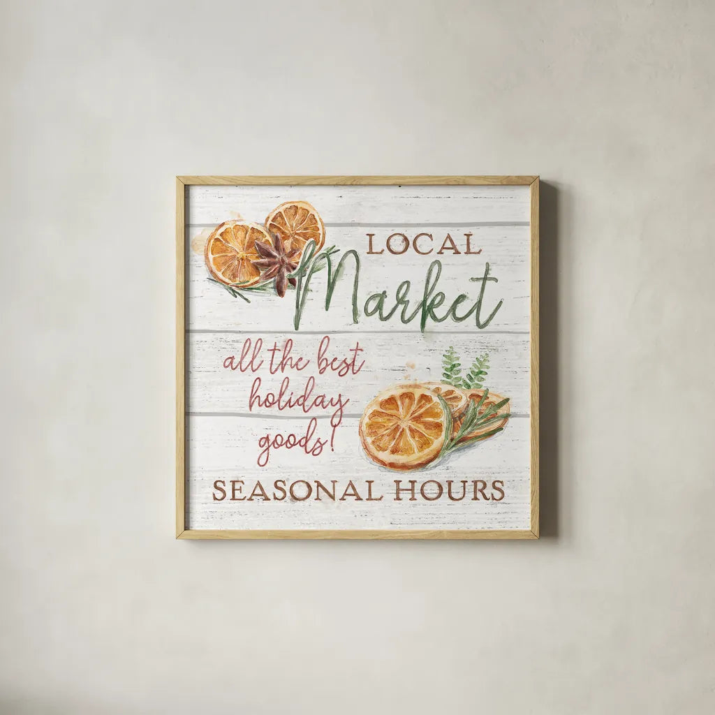 Seasonal Market VII by Mary Urban. Shown in a natural wood glass frame for a timeless modern aesthetic. Available as an archival giclee rolled canvas, fine art paper, or poster print. SKU 67474a.
