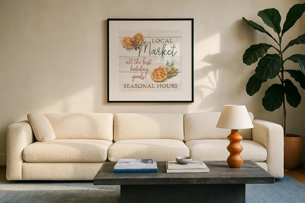 Seasonal Market VII by Mary Urban. Displayed in a glass frame with matte in a clean modern living room. Available as an archival giclee rolled canvas, fine art paper, or poster print. SKU 67474a.