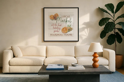 Seasonal Market VII by Mary Urban. Displayed in a glass frame with matte in a clean modern living room. Available as an archival giclee rolled canvas, fine art paper, or poster print. SKU 67474a.