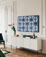 Shiboriscapes II by Mary Urban. shown as a framed stretched canvas in a living room above a console. Available as a archival giclee rolled canvas, fine art paper, or poster print. SKU 73754i.