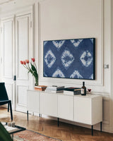 Shiboriscapes III by Mary Urban. shown as a framed stretched canvas in a living room above a console. Available as a archival giclee rolled canvas, fine art paper, or poster print. SKU 73755i.