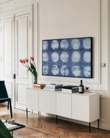 Shiboriscapes VI by Mary Urban. shown as a framed stretched canvas in a living room above a console. Available as a archival giclee rolled canvas, fine art paper, or poster print. SKU 73758i.