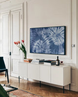 Shiboriscapes VII by Mary Urban. shown as a framed stretched canvas in a living room above a console. Available as a archival giclee rolled canvas, fine art paper, or poster print. SKU 73759i.