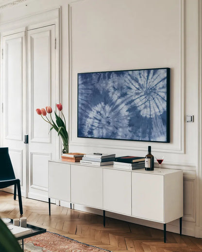 Shiboriscapes VII by Mary Urban. shown as a framed stretched canvas in a living room above a console. Available as a archival giclee rolled canvas, fine art paper, or poster print. SKU 73759i.