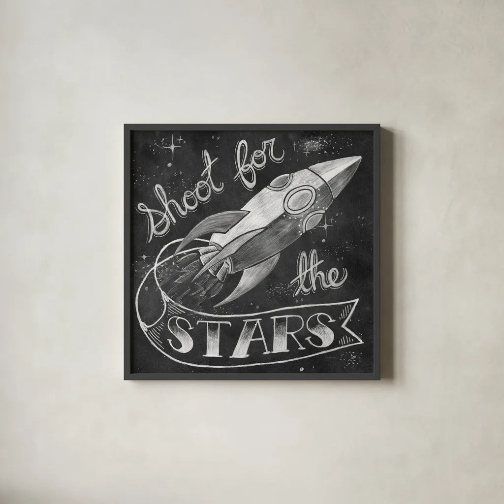 Shoot for the Stars by Mary Urban. Shown in a sleek black glass frame for a contemporary gallery look. Available as an archival giclee rolled canvas, fine art paper, or poster print. SKU 52662a.