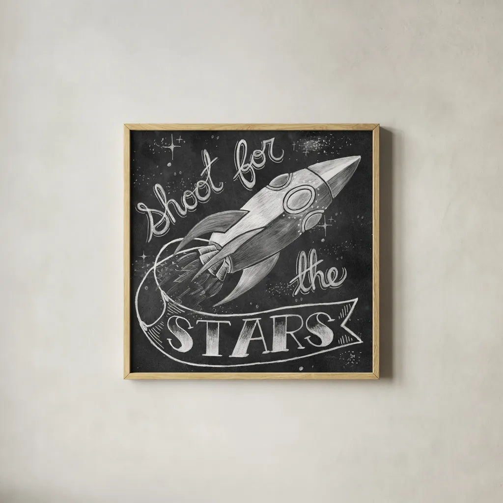 Shoot for the Stars by Mary Urban. Shown in a natural wood glass frame for a timeless modern aesthetic. Available as an archival giclee rolled canvas, fine art paper, or poster print. SKU 52662a.