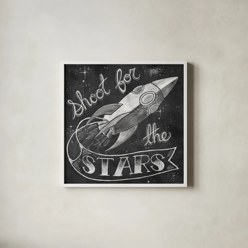 Shoot for the Stars by Mary Urban. Shown in a crisp white glass frame for a clean and minimalist style. Available as an archival giclee rolled canvas, fine art paper, or poster print. SKU 52662a.