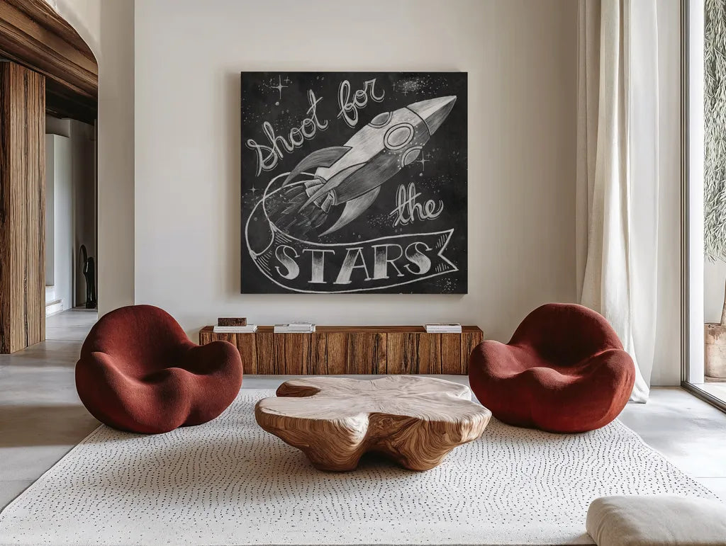 Shoot for the Stars by Mary Urban. Shown as extra-large giant wall art in a modern living room. Available as an archival giclee rolled canvas, fine art paper, or poster print. SKU 52662a.